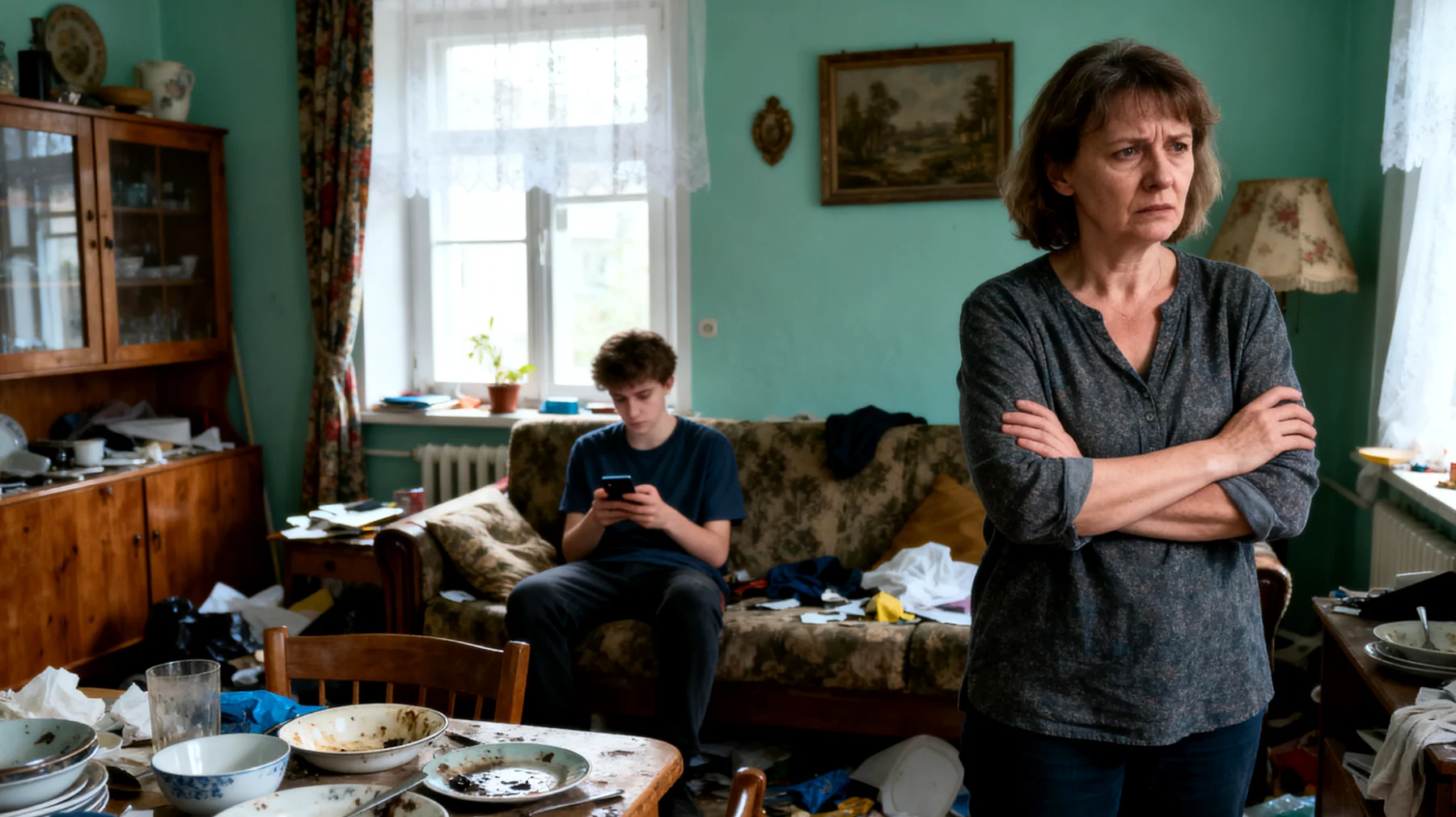 Mama zmaga się z brakiem współpracy młodego dorosłego dziecka w codziennych czynnościach domowych - syn/córka nie pomaga w obowiązkach, oczekuje serwisu, nie bierze odpowiedzialności za wspólną przestrzeń, co prowadzi do frustracji i napięć w relacji."