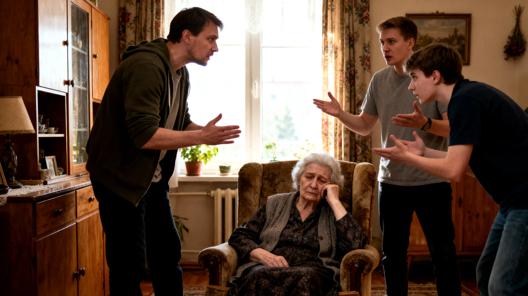 Babcia odczuwa dyskomfort i frustrację z powodu zazdrości i rywalizacji między dorosłymi wnukami, którzy konkurują o jej uwagę, wsparcie finansowe lub emocjonalne uznanie, co prowadzi do napięć rodzinnych i poczucia winy."